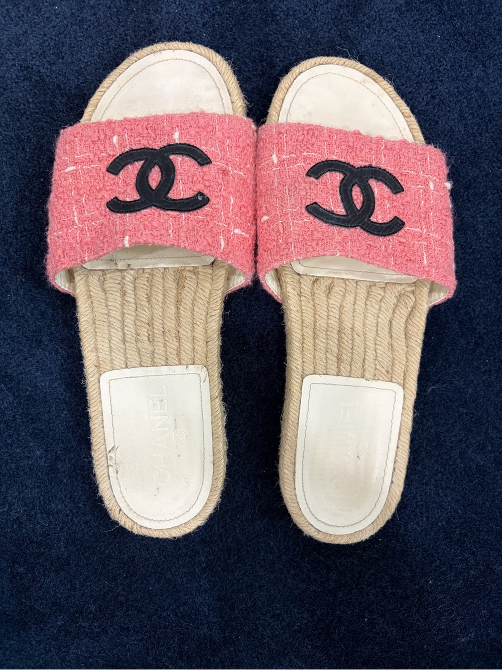 CHANEL Coral Pink Tweed Slide Sandals with Black CC Logo